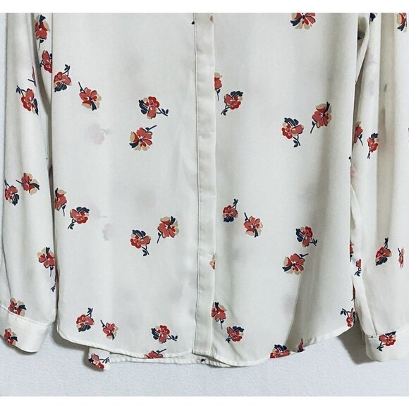 LOFT Womens Small White Button Up Top Roll Tab Long Sleeves Pink Floral Print - Picture 2 of 8